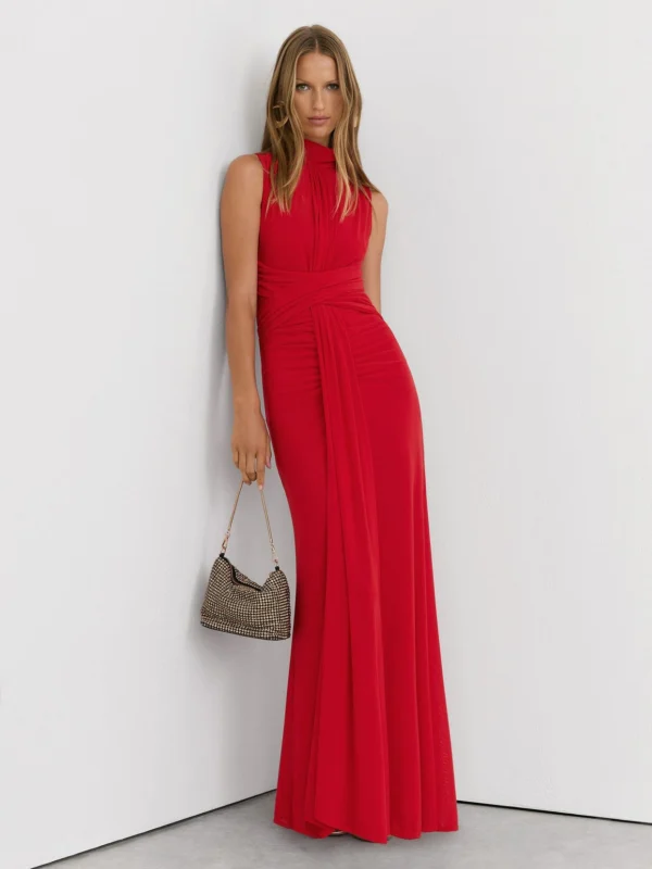 Reiss Red Petite Sheer Ruched Sleeveless Maxi Dress