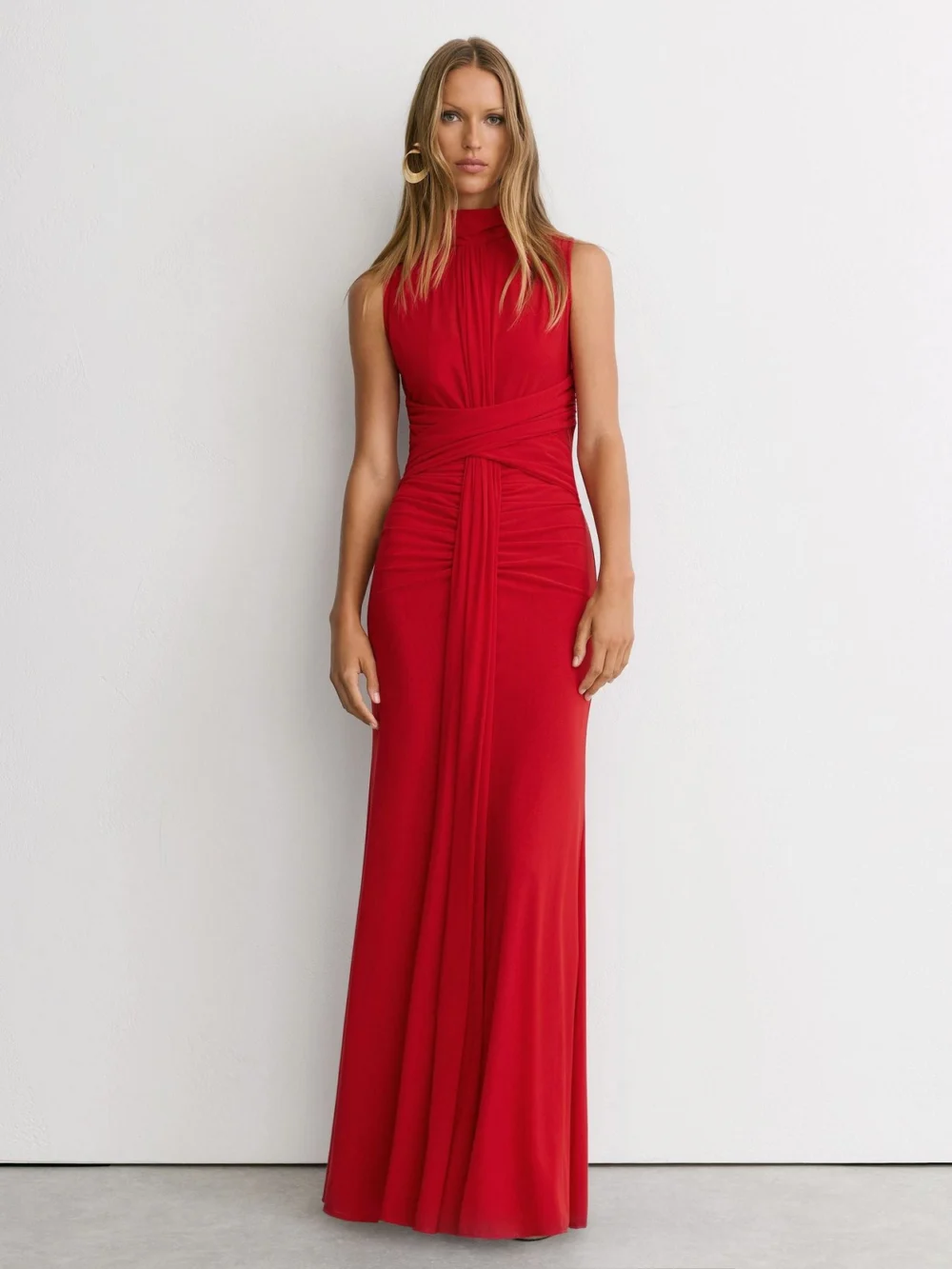 Reiss Red Petite Sheer Ruched Sleeveless Maxi Dress, view 3