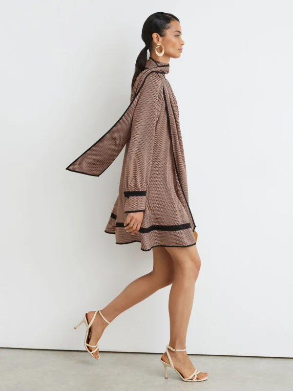 Reiss Red Printed Scarf-neck Swing Mini Dress