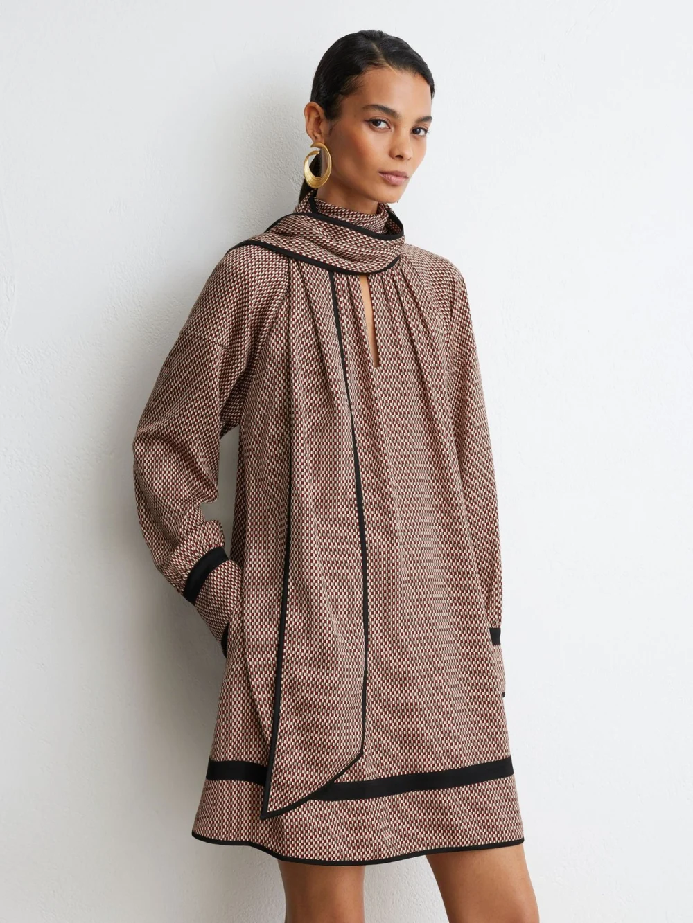 Reiss Red Printed Scarf-neck Swing Mini Dress, view 4