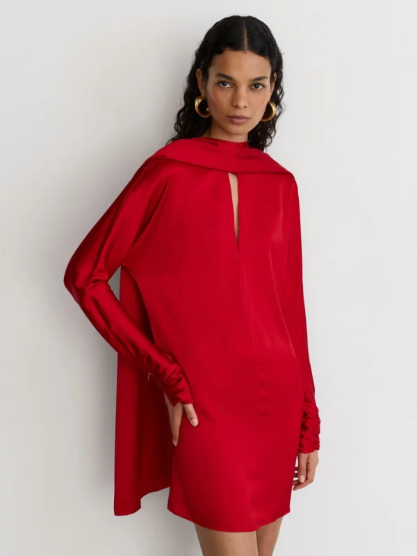 Reiss Red Satin Cape-detail Mini Dress