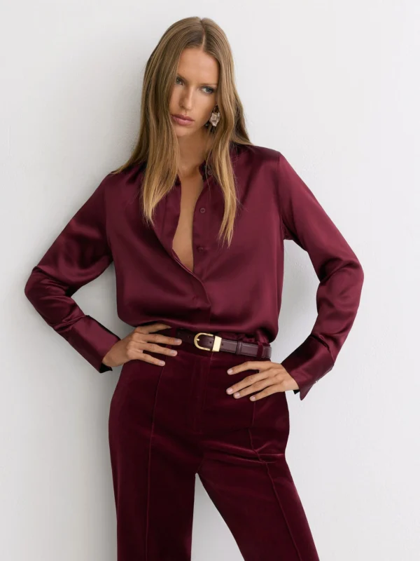 Reiss Red Silk-satin Concealed-placket Shirt