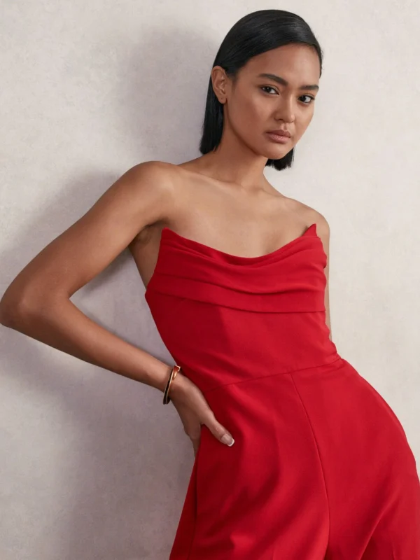 Reiss Red Structured Strapless Wide-leg Jumpsuit