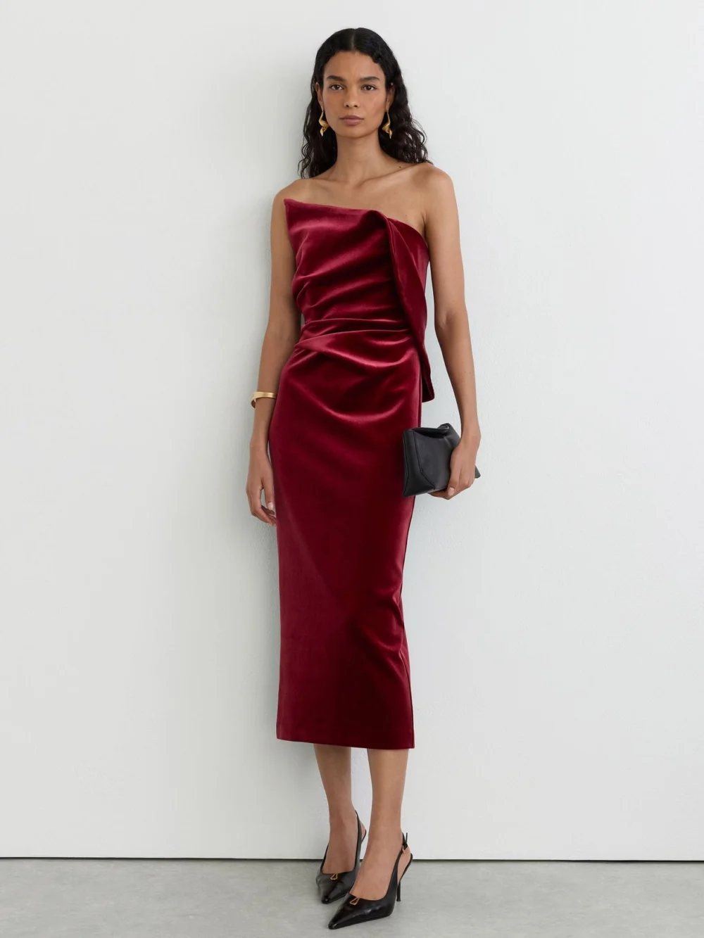 Reiss Red Velvet Structured Strapless Midi Dress