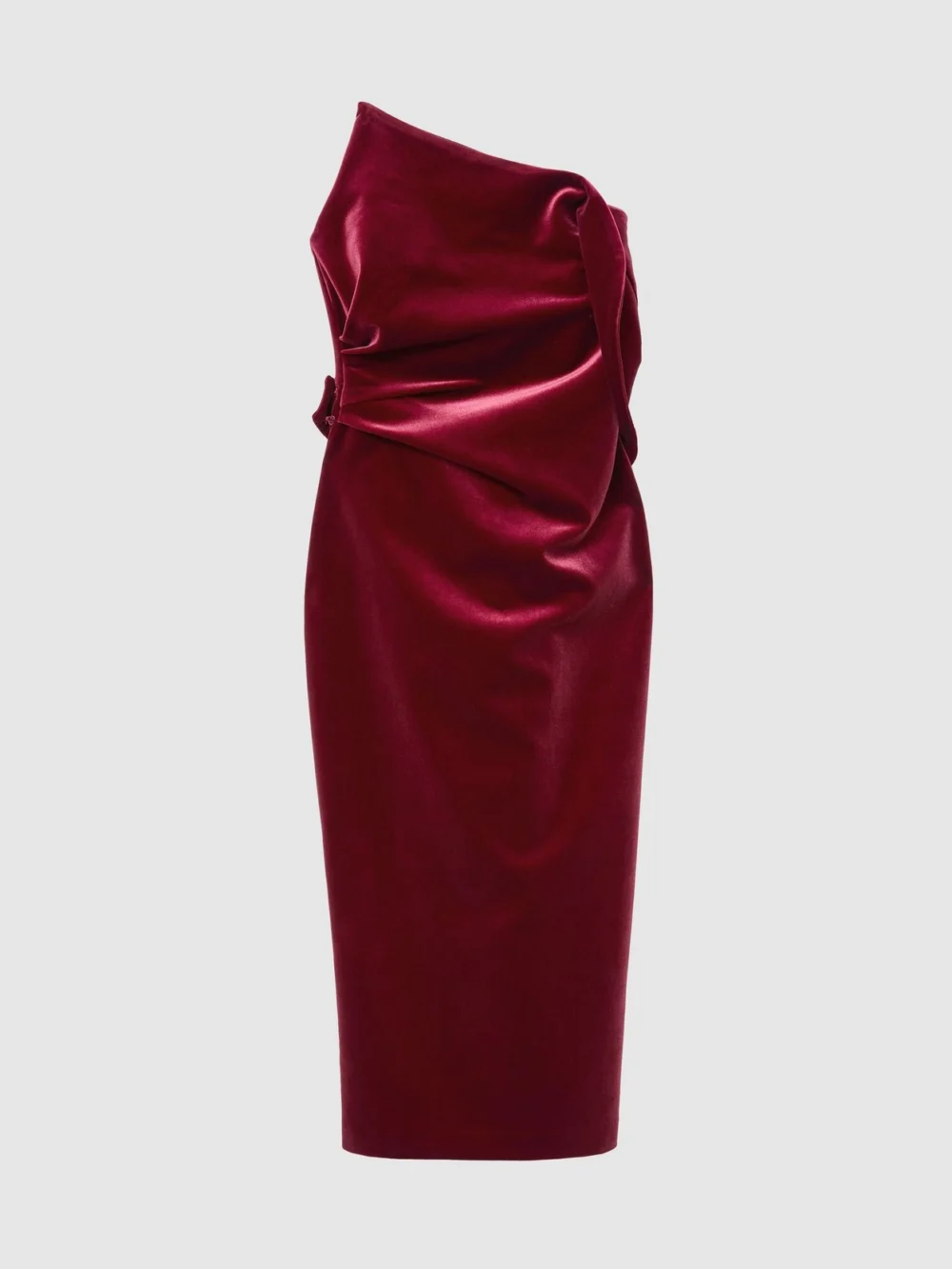 Reiss Red Velvet Structured Strapless Midi Dress, view 6