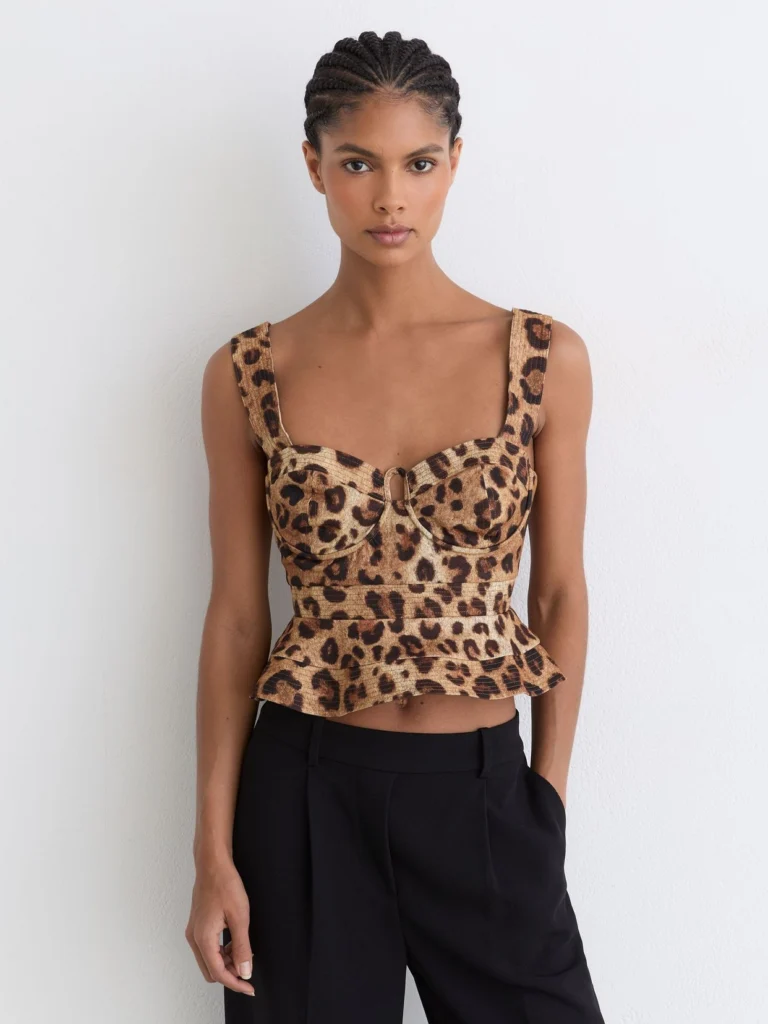 Reiss Rema Neutral Cotton Leopard-print Bustier Top, 14