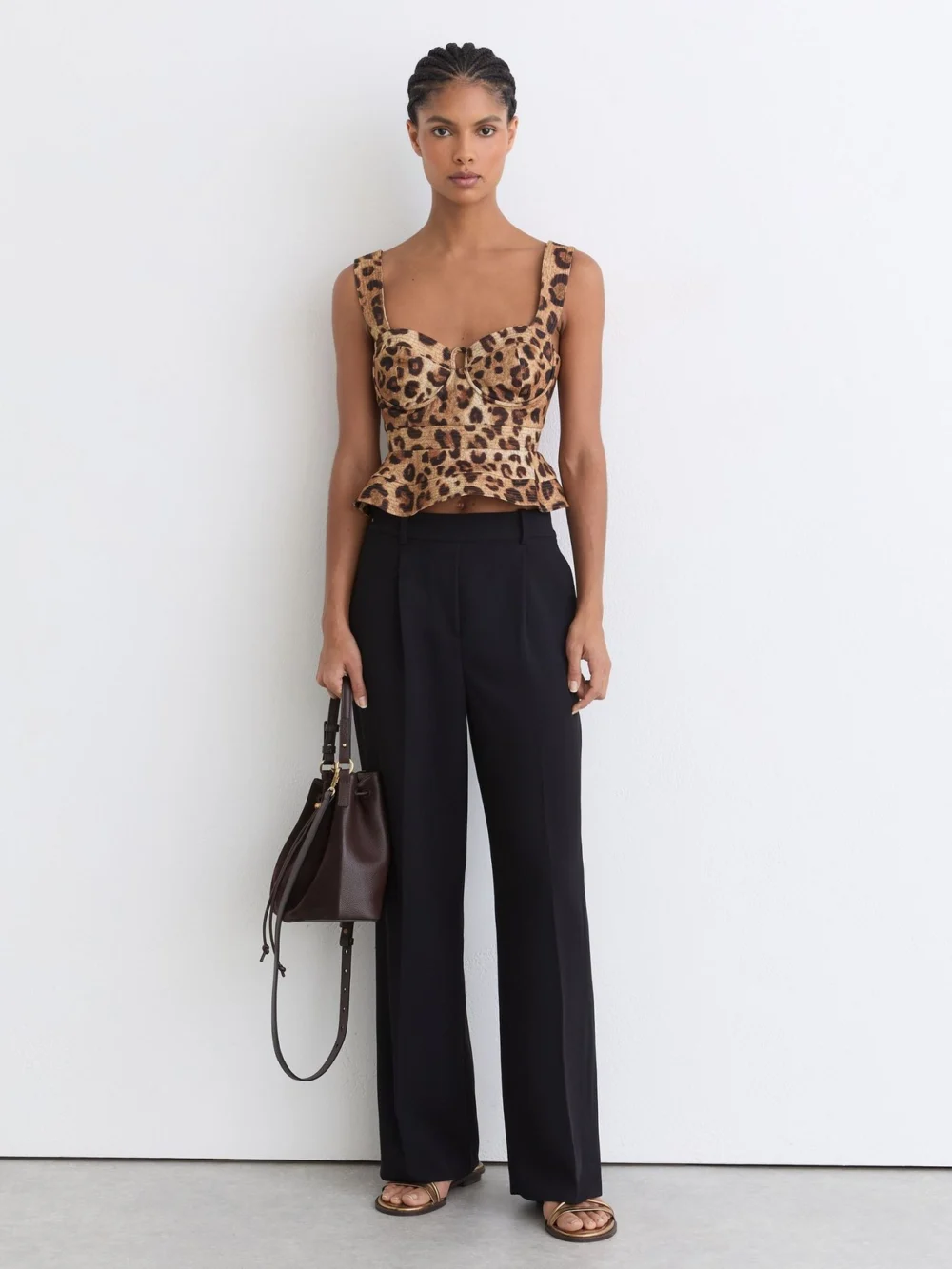 Reiss Rema Neutral Cotton Leopard-print Bustier Top, 14, view 3