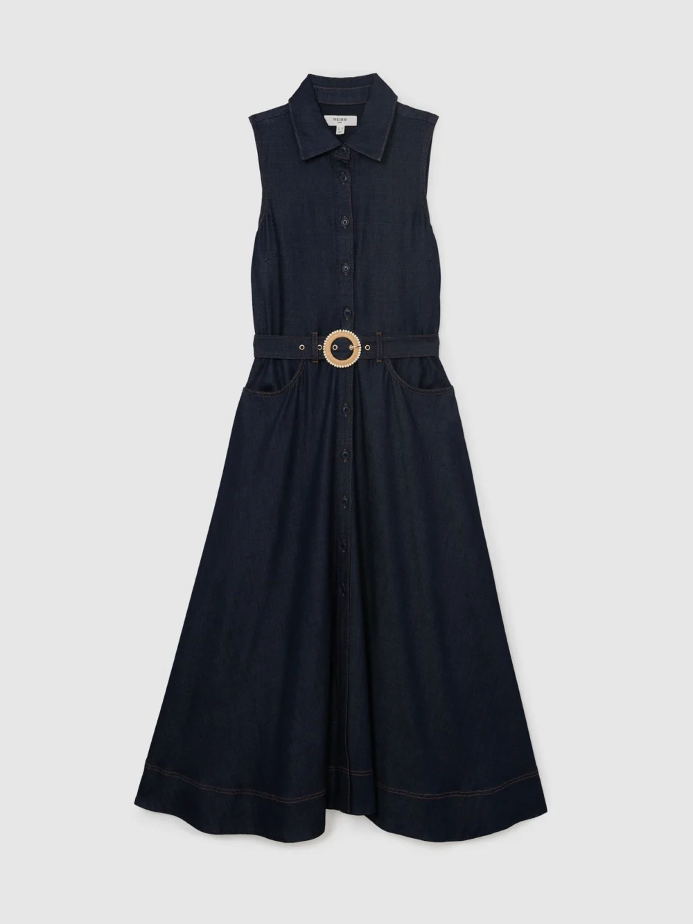Reiss Remi Indigo Blue Button-front Belted Denim Midi Dress, 14, view 2