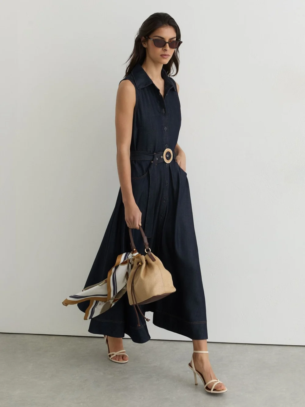 Reiss Remi Indigo Blue Button-front Belted Denim Midi Dress, 14, view 4