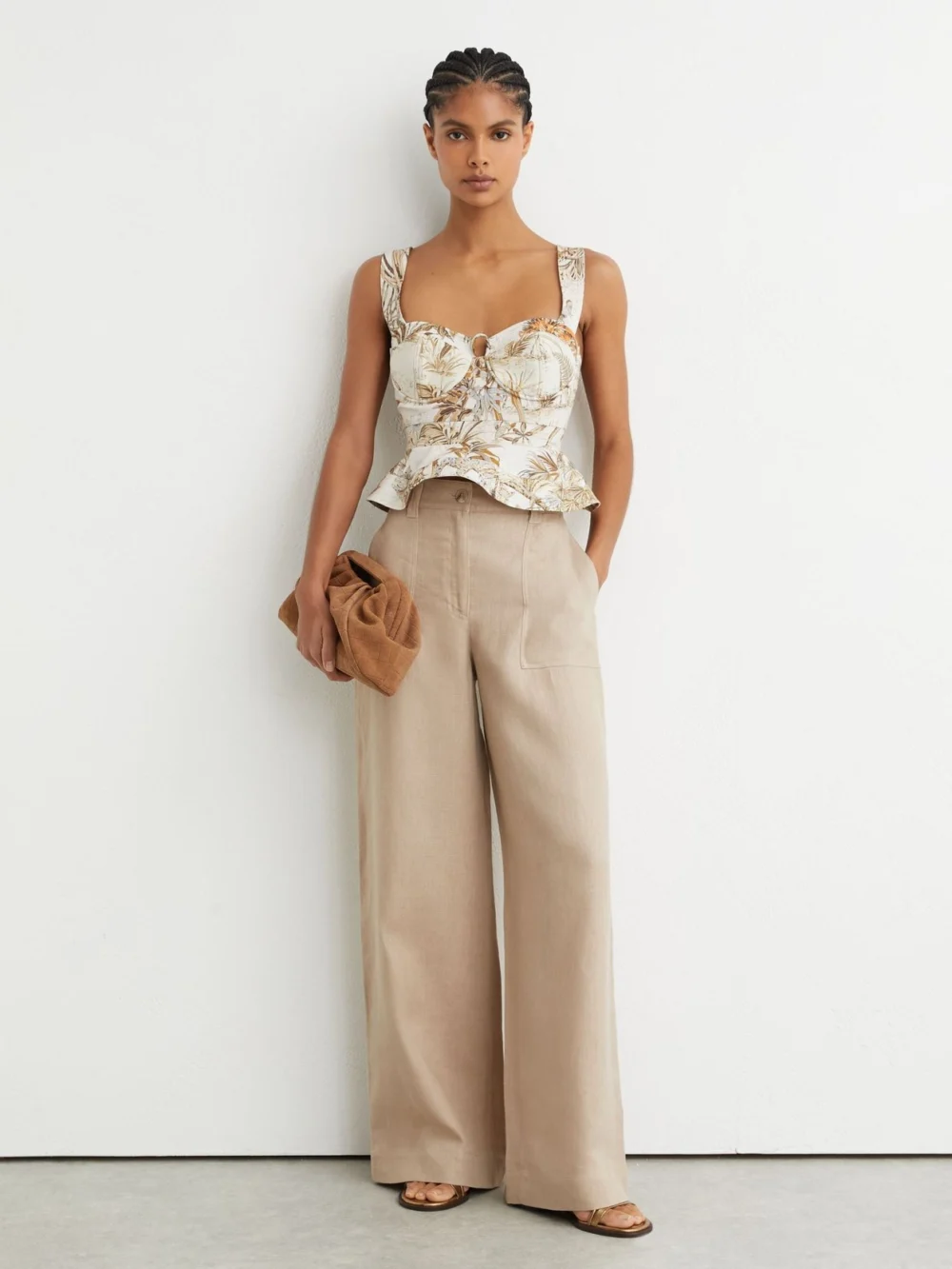 Reiss Remi Neutral Cotton Safari Print Bustier Top, 4 in beige