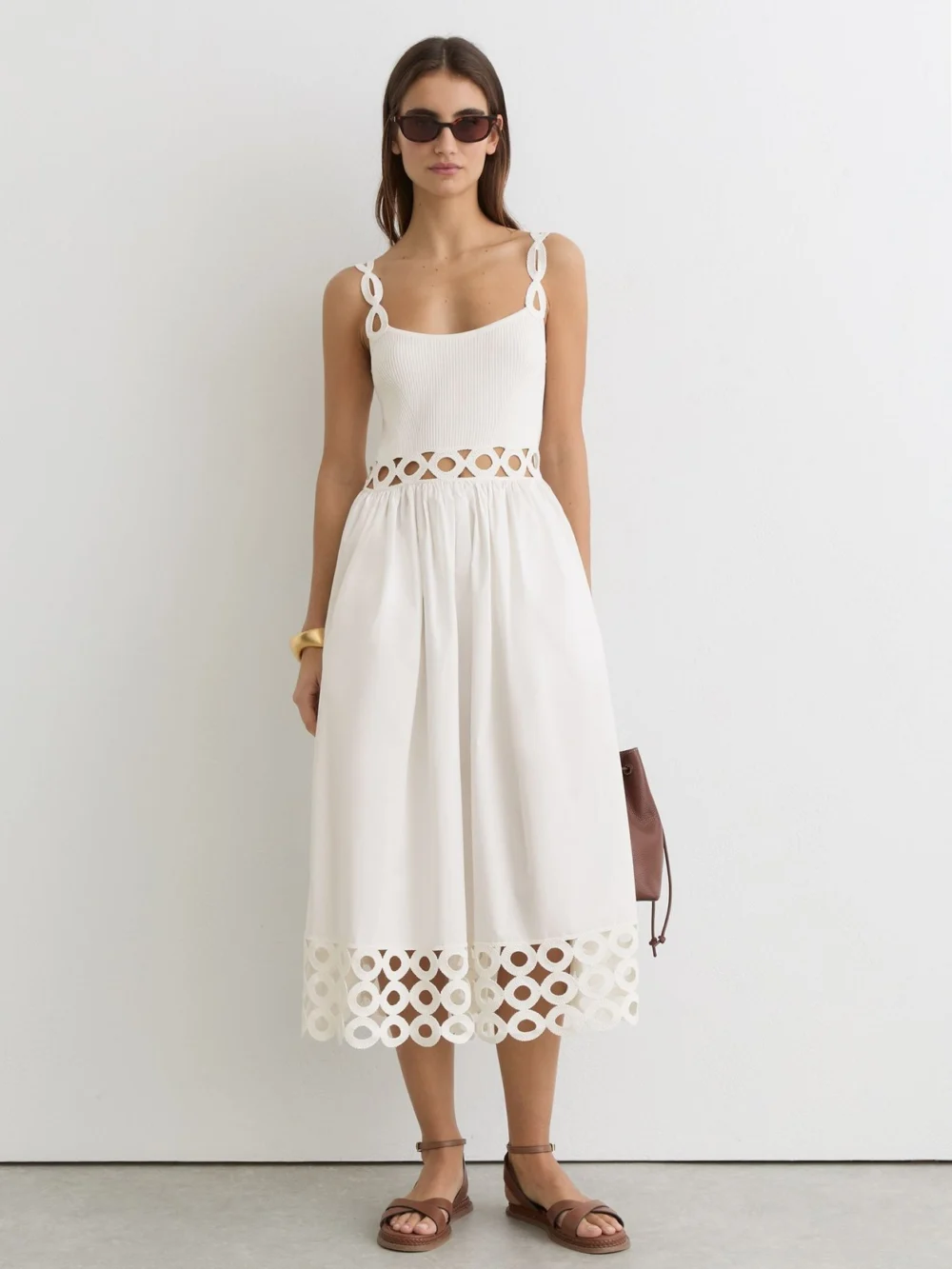 Reiss Rib-knit Woven Mix Cut-out Midi Dress in ivory