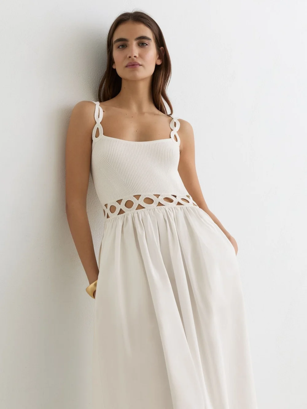 Reiss Rib-knit Woven Mix Cut-out Midi Dress, view 3