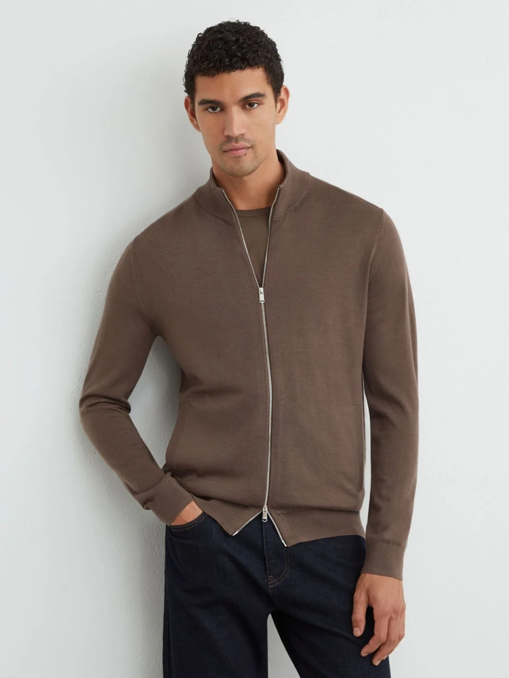 Reiss Ridge Brown Merino Wool Funnel-neck Zipped Cardigan
