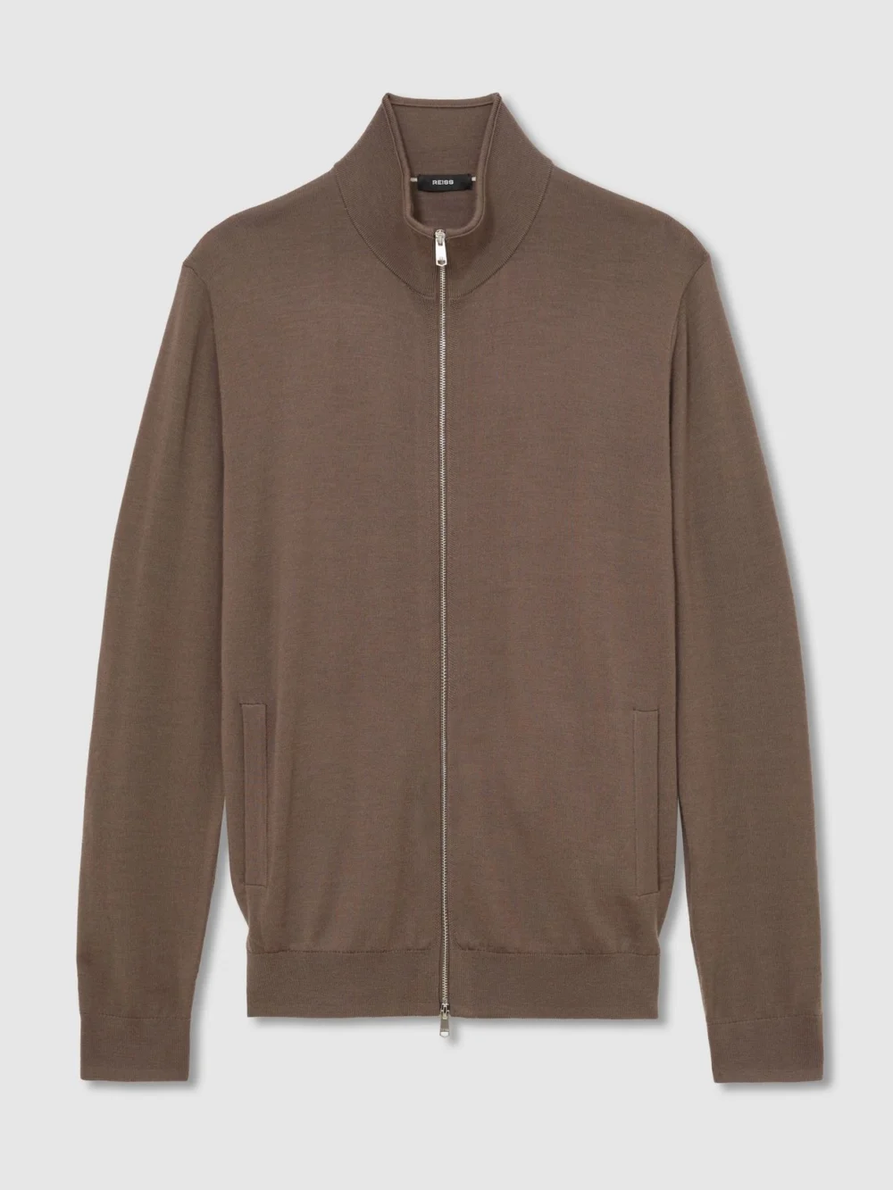 Reiss Ridge Brown Merino Wool Funnel-neck Zipped Cardigan, view 2