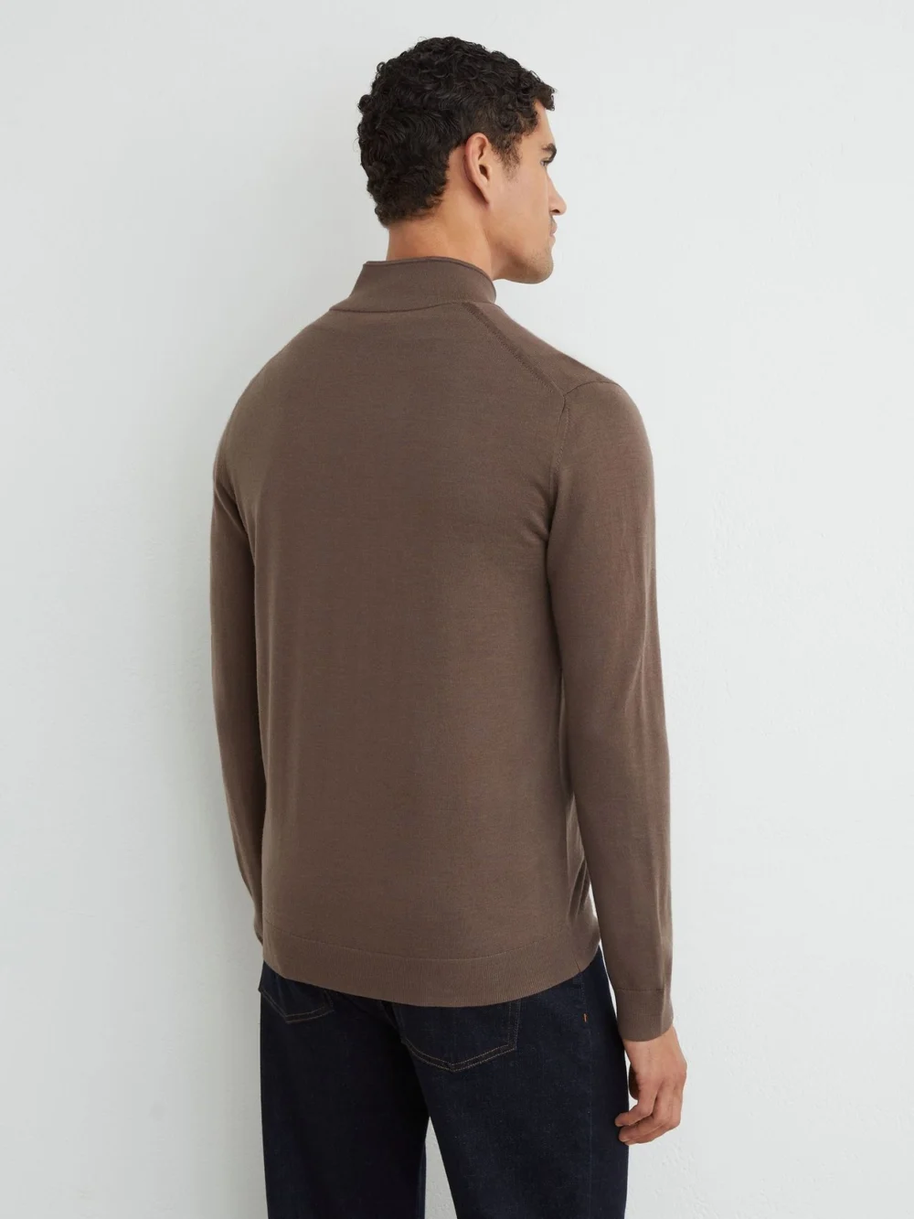 Reiss Ridge Brown Merino Wool Funnel-neck Zipped Cardigan, view 4