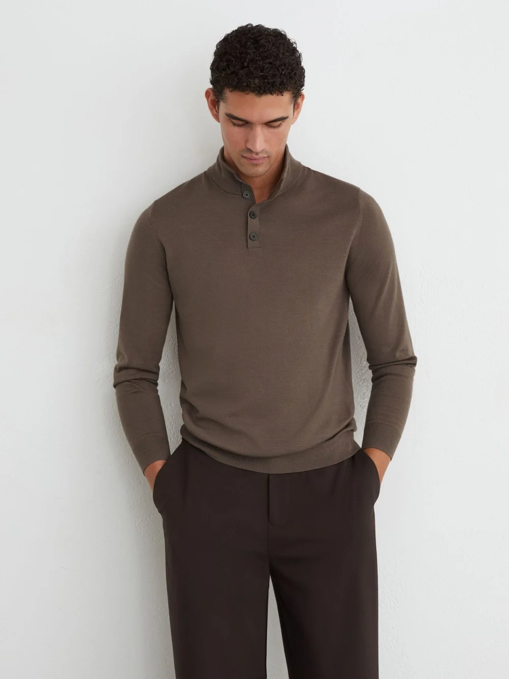 Reiss Ridge Brown Merino Wool Half-button Funnel Jumper