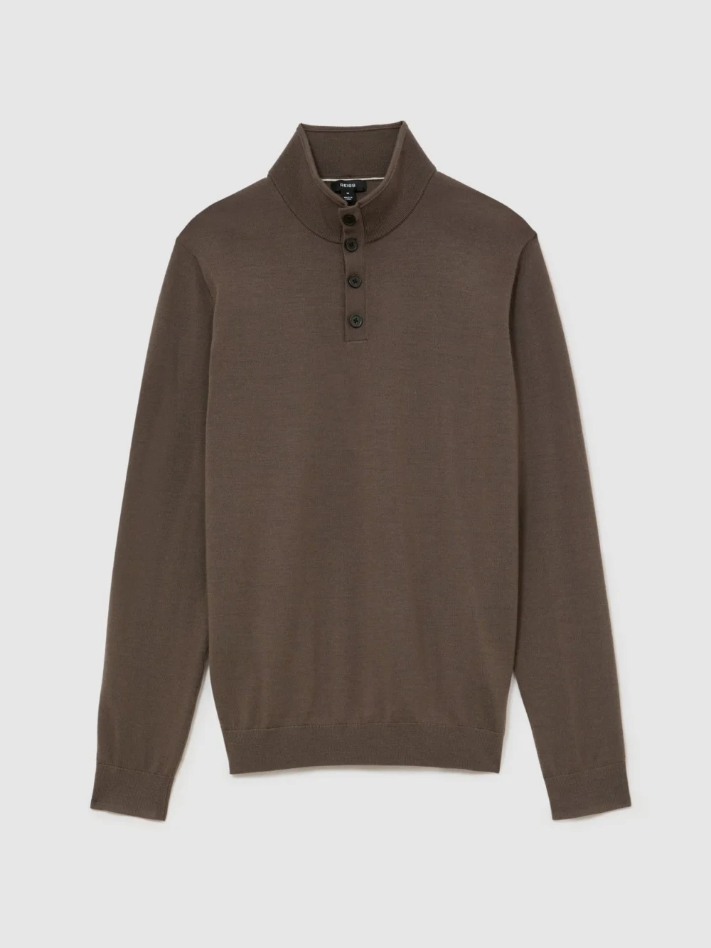 Reiss Ridge Brown Merino Wool Half-button Funnel Jumper, view 2