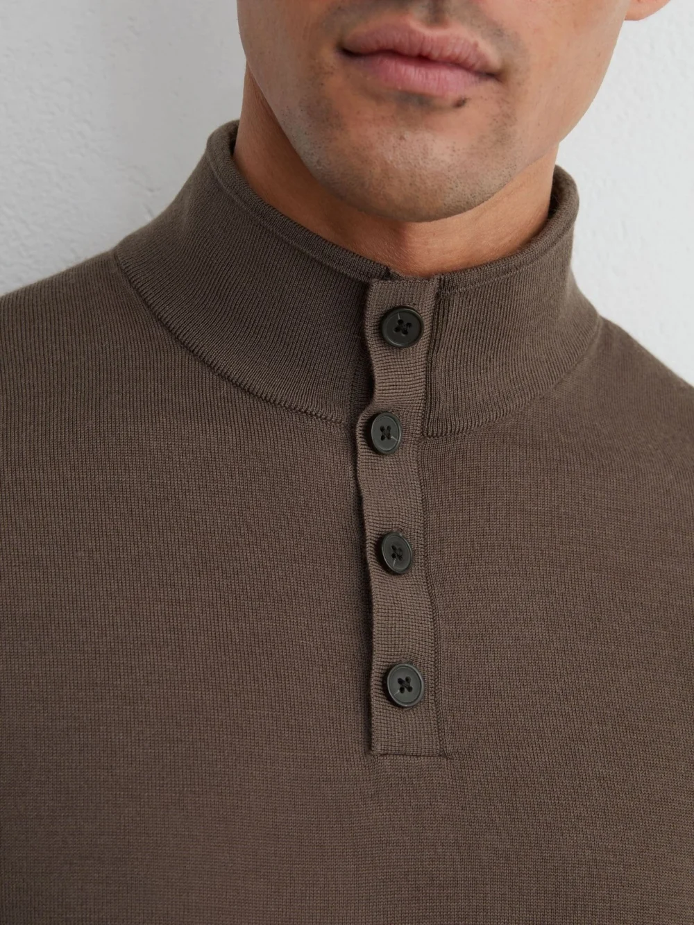 Reiss Ridge Brown Merino Wool Half-button Funnel Jumper, view 3