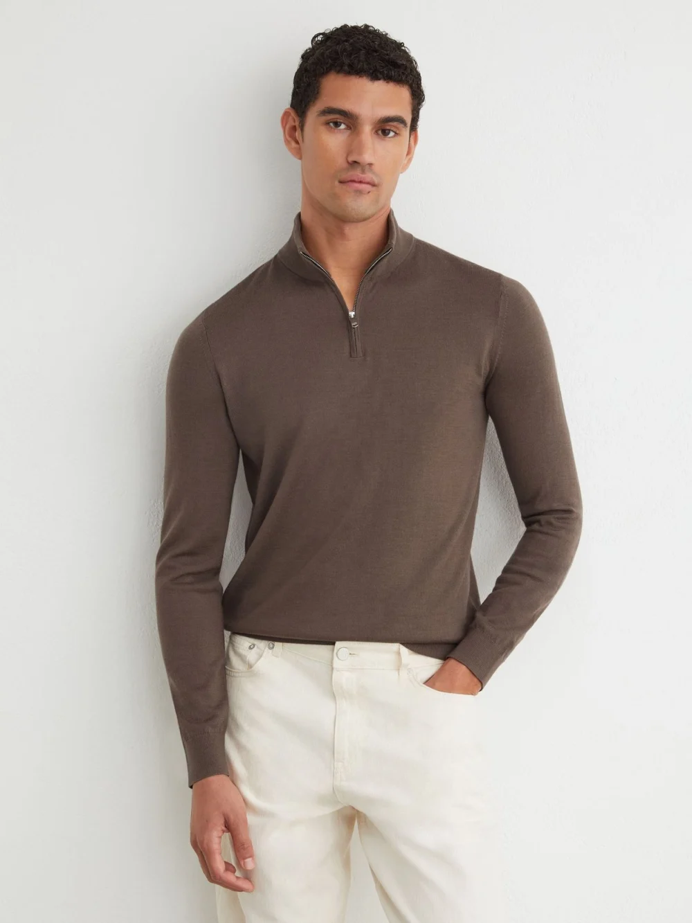 Reiss Ridge Brown Merino Wool Half-zip Jumper