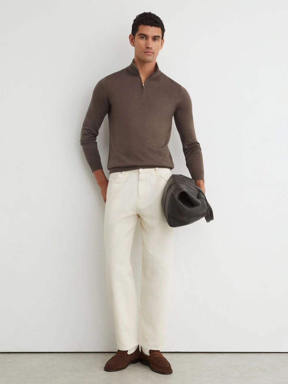 Reiss Ridge Brown Merino Wool Half-zip Jumper, view 4