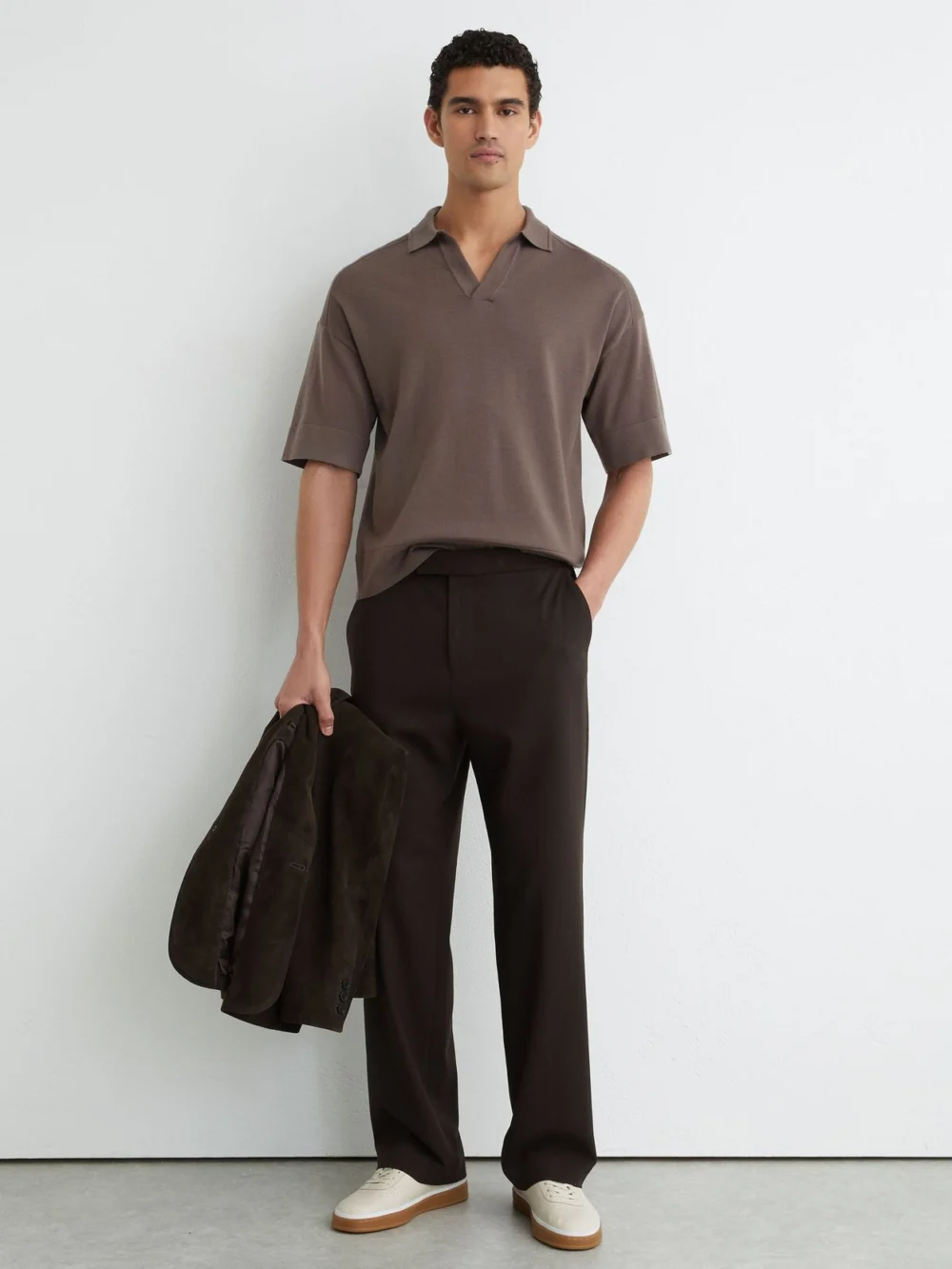 Reiss Ridge Brown Merino Wool Relaxed Polo Jumper, view 3