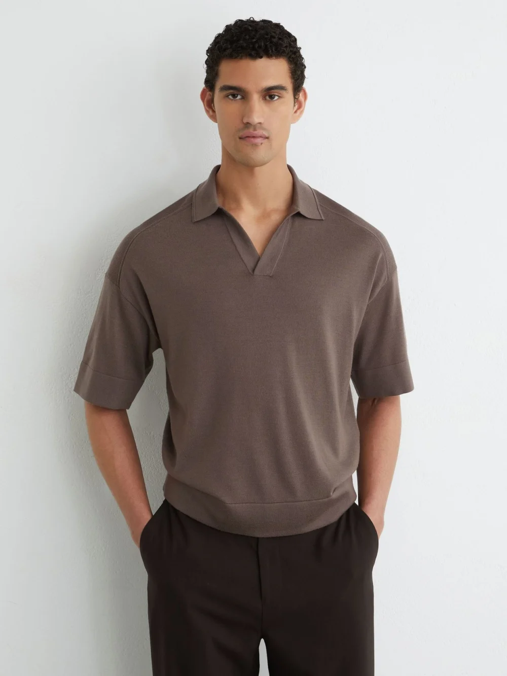 Reiss Ridge Brown Merino Wool Relaxed Polo Jumper, view 4