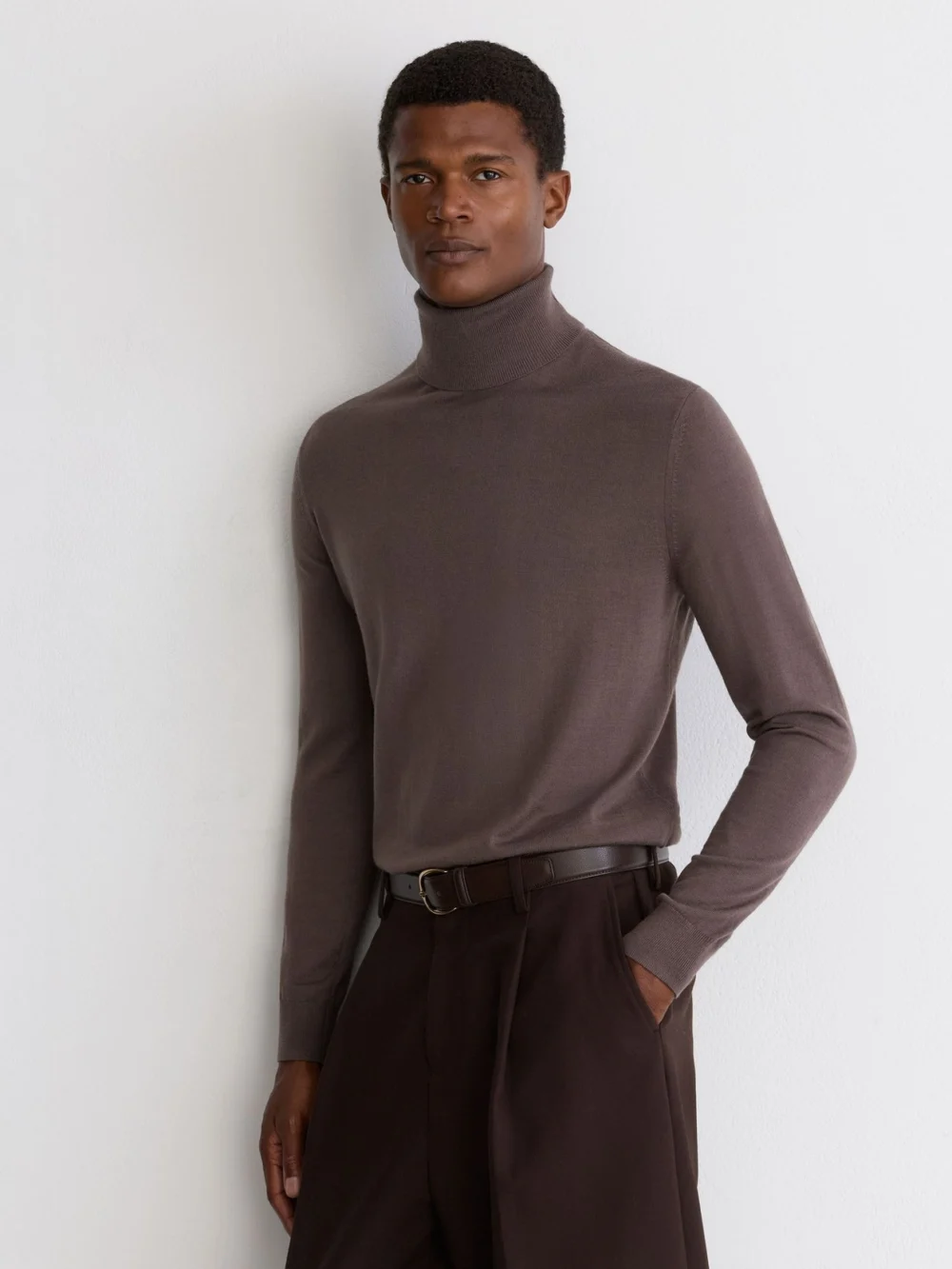 Reiss Ridge Brown Merino Wool Roll-neck Jumper, view 3