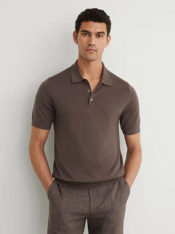 Reiss Ridge Brown Merino Wool Short-sleeve Polo Shirt