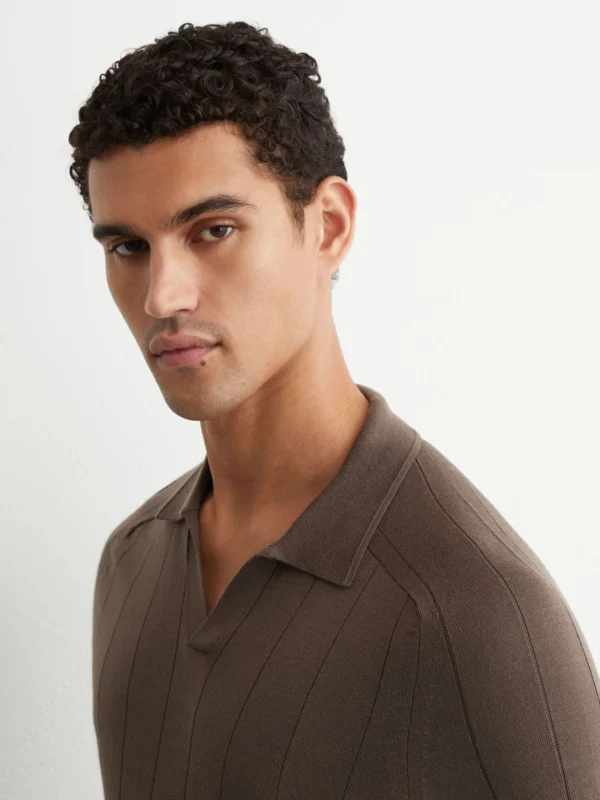 Reiss Ridge Brown Merino Wool Wide-rib Polo Jumper