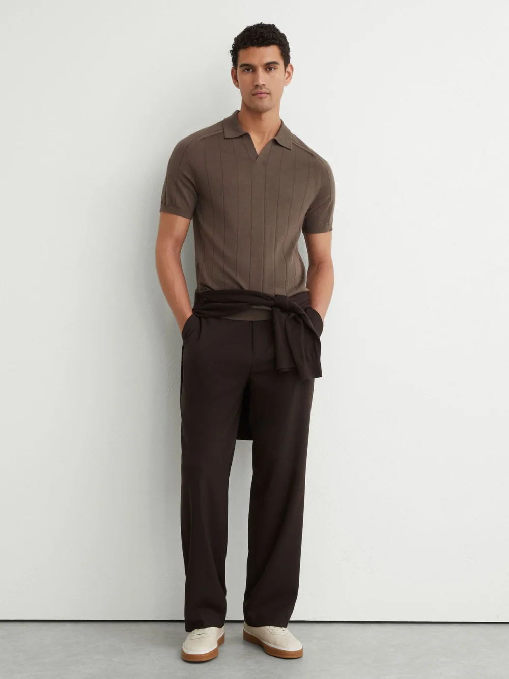 Reiss Ridge Brown Merino Wool Wide-rib Polo Jumper, view 3