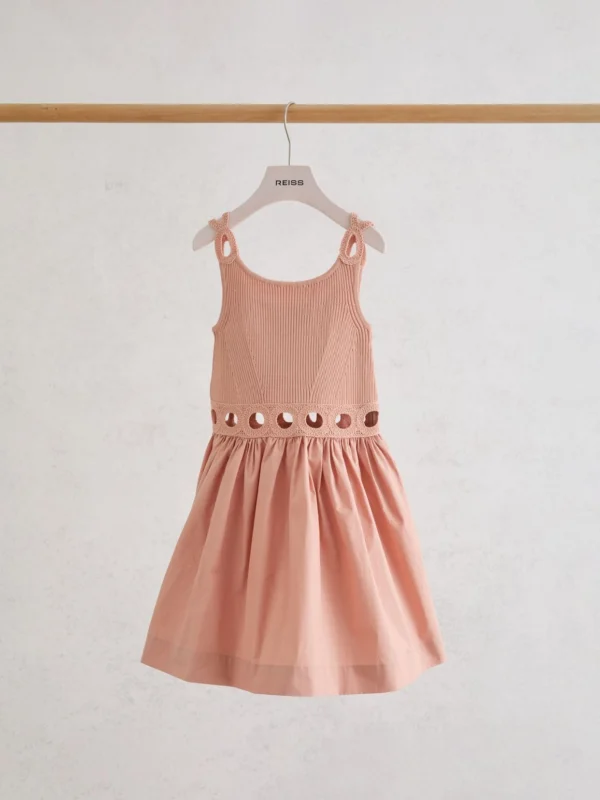 Reiss Rita Apricot 9-13 yrs Rib-knit Mix Cut-out Flared Dress, 9-10 Years