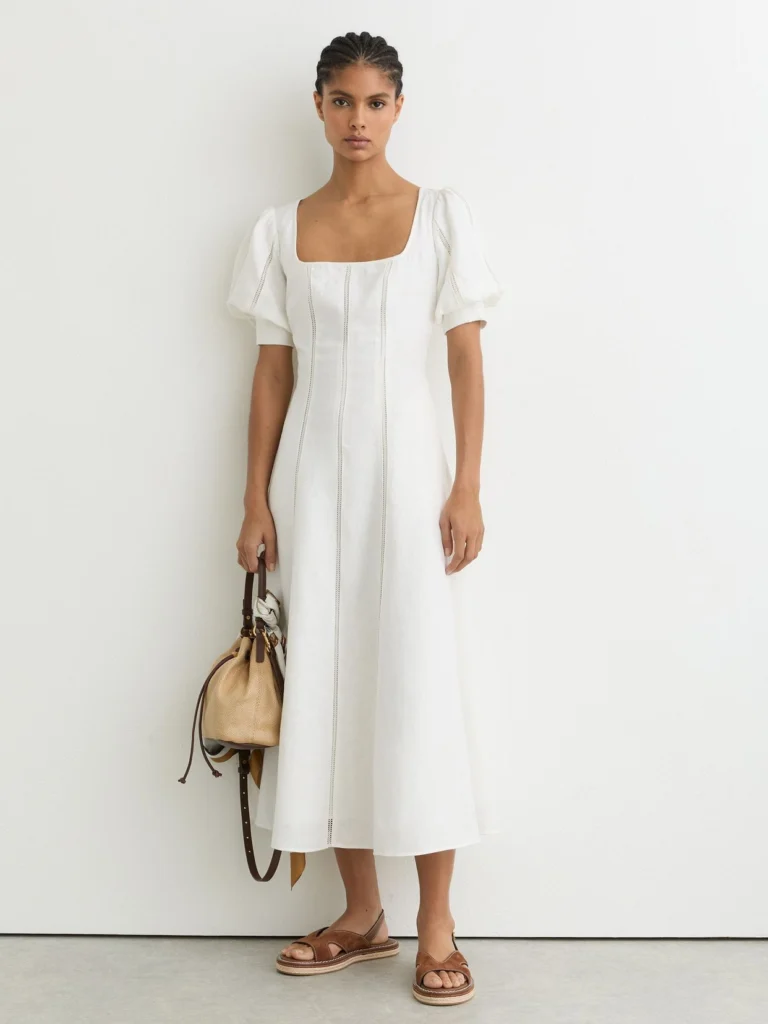 Reiss Riva Linen Puff-sleeve Embroidered Midi Dress, 14
