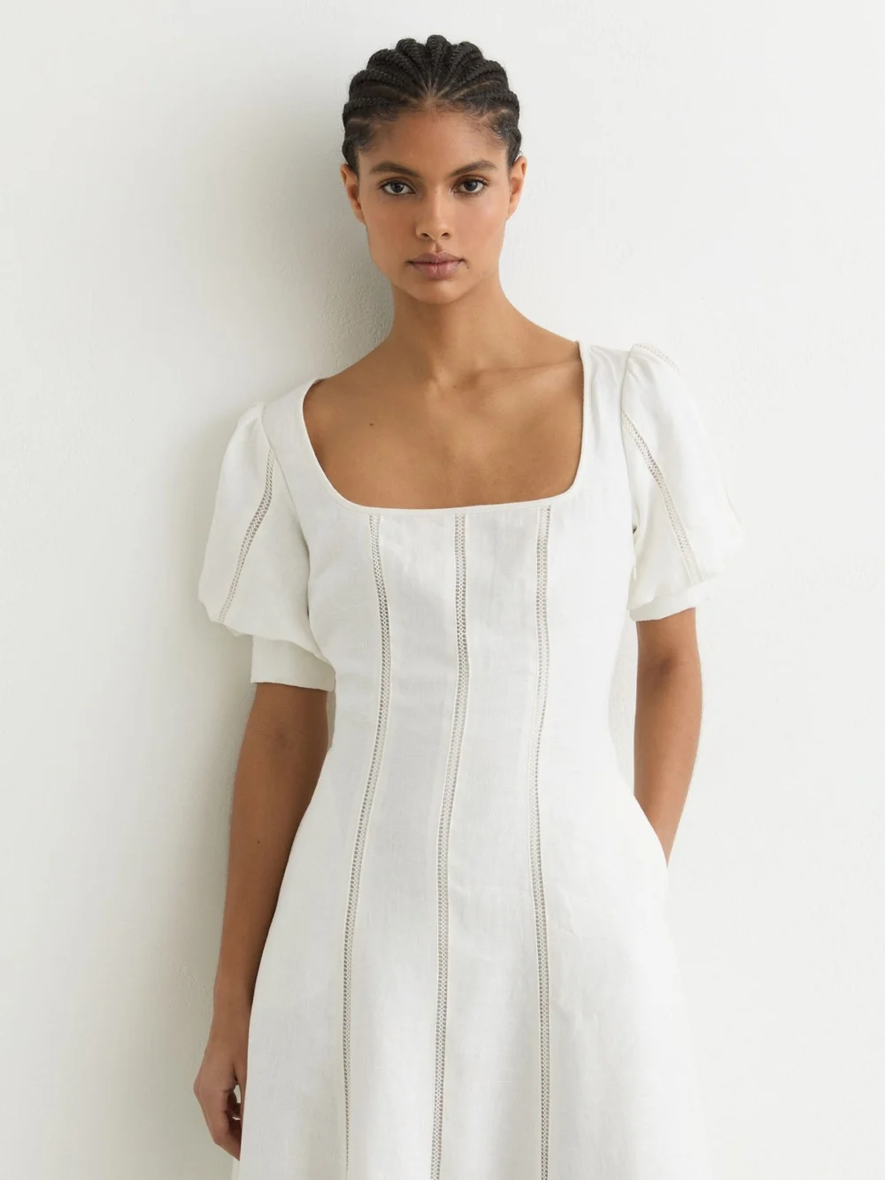 Reiss Riva Linen Puff-sleeve Embroidered Midi Dress, 14, view 3