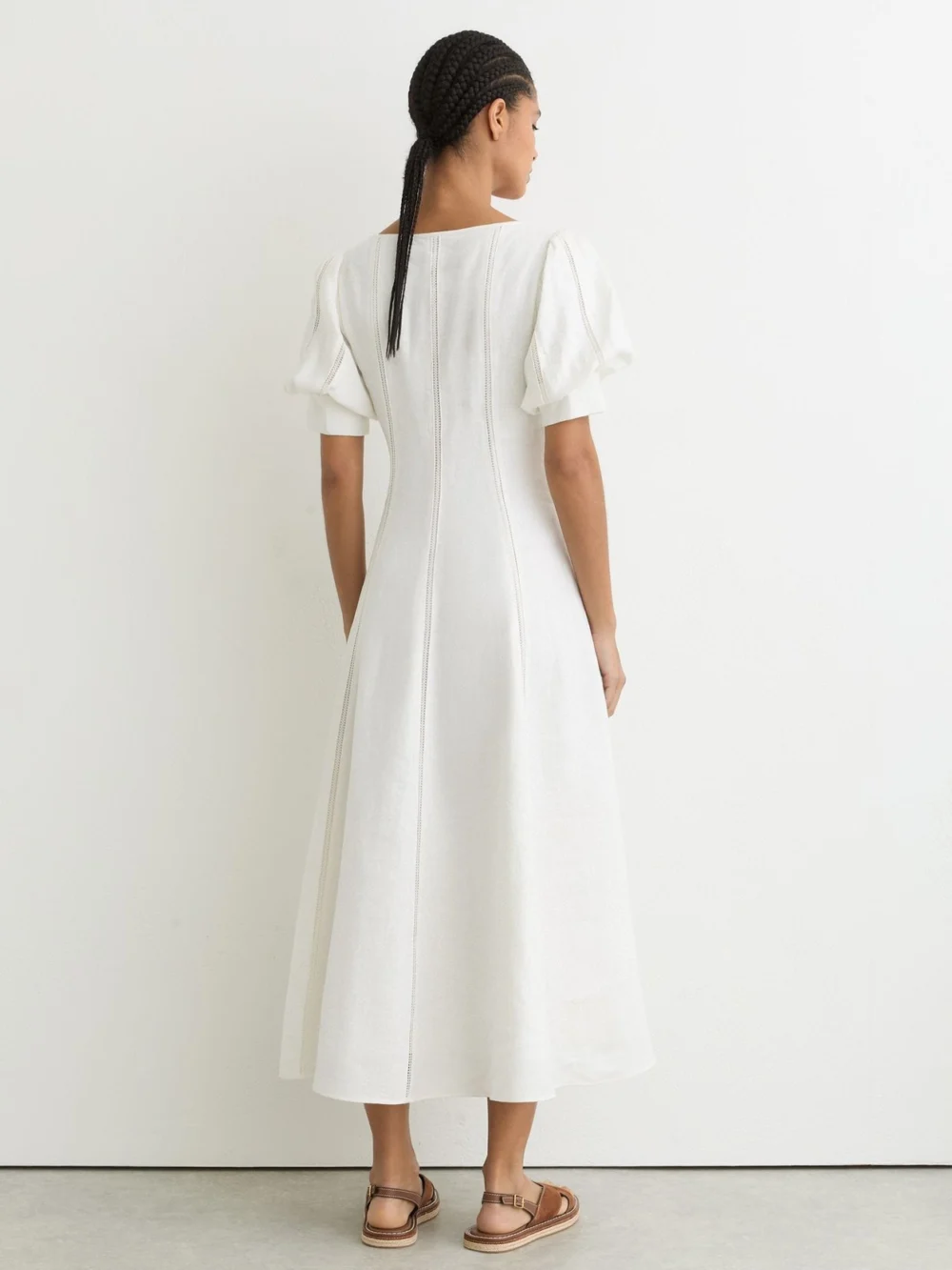 Reiss Riva Linen Puff-sleeve Embroidered Midi Dress, 14, view 4