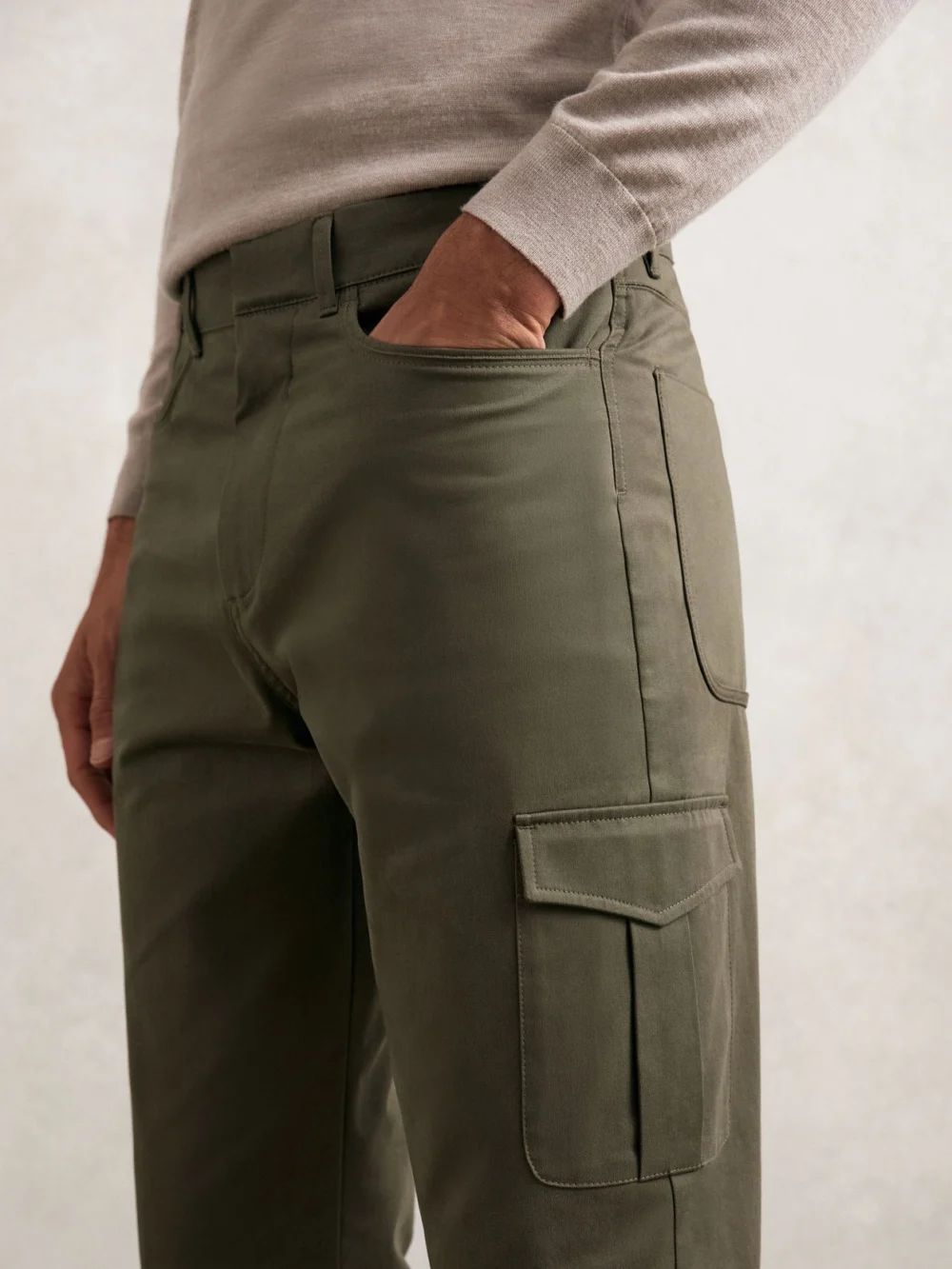 Reiss Rogan Olive Green Cotton Tapered Cargo Trousers with Stretch, view 3
