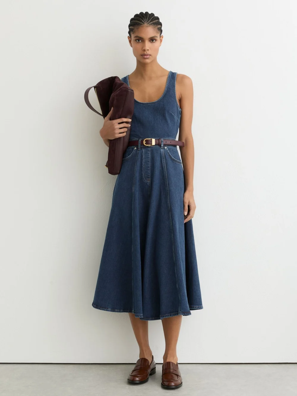Reiss Rosie Indigo Blue Denim Sleeveless Waisted Midi Dress, 16 in dark blue