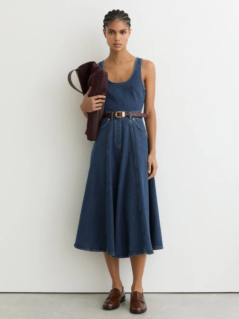 Reiss Rosie Indigo Blue Denim Sleeveless Waisted Midi Dress, 16