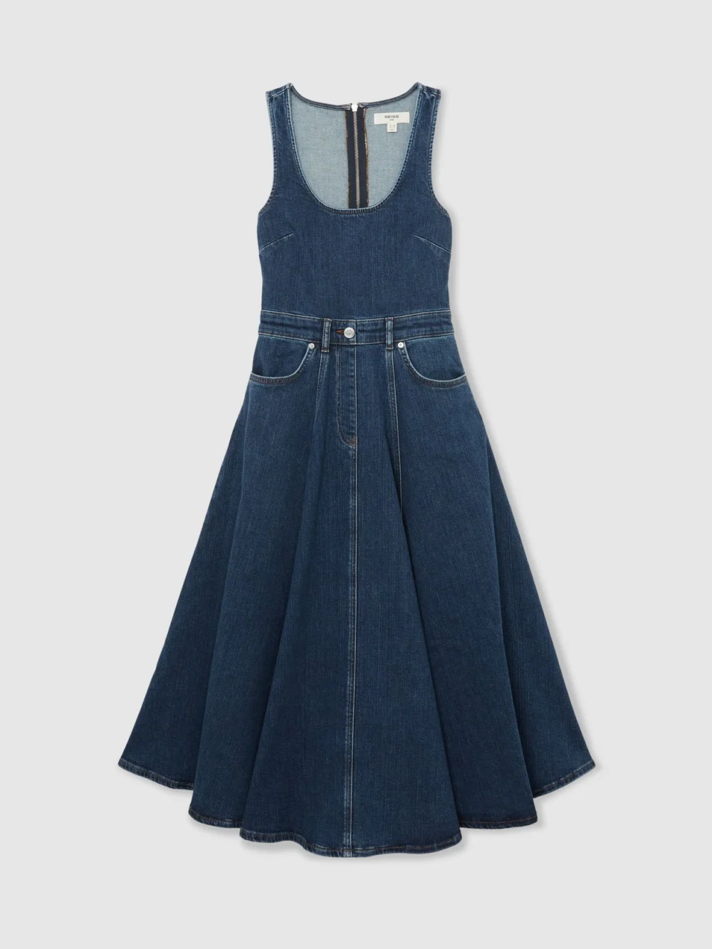 Reiss Rosie Indigo Blue Denim Sleeveless Waisted Midi Dress, 16, view 2
