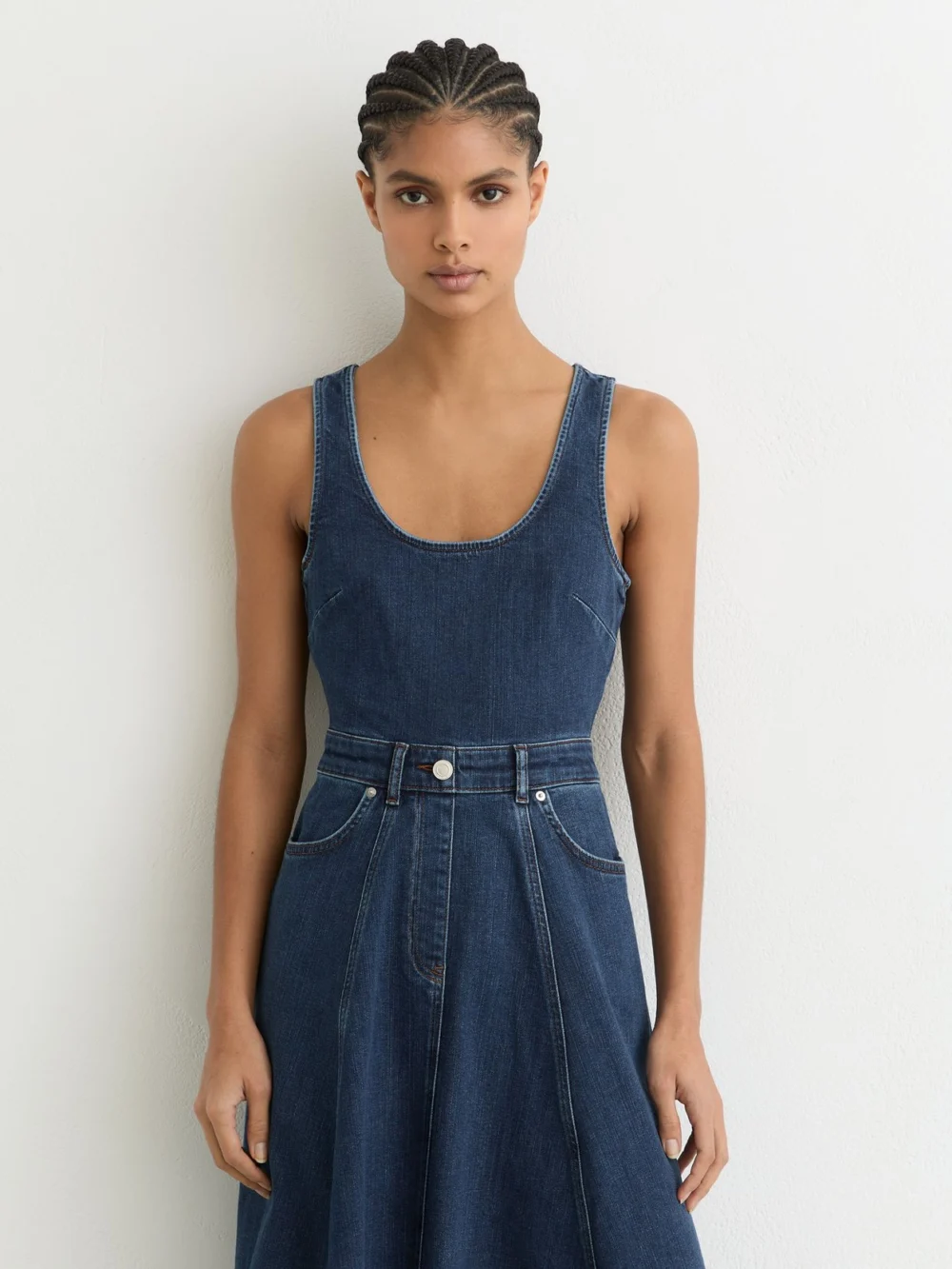 Reiss Rosie Indigo Blue Denim Sleeveless Waisted Midi Dress, 16, view 3
