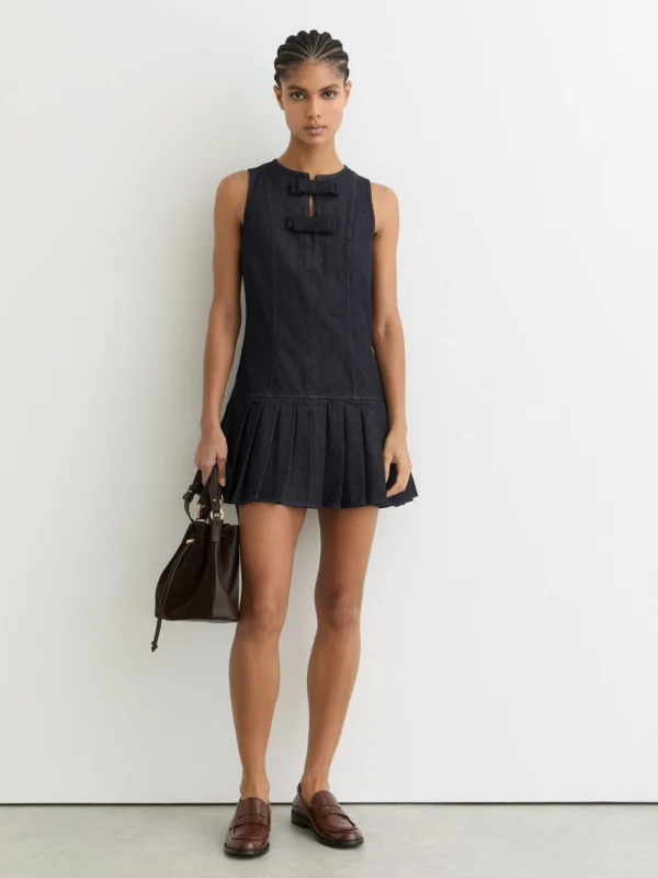 Reiss Ruby Indigo Blue Sleeveless Pleated Denim Mini Dress, 18
