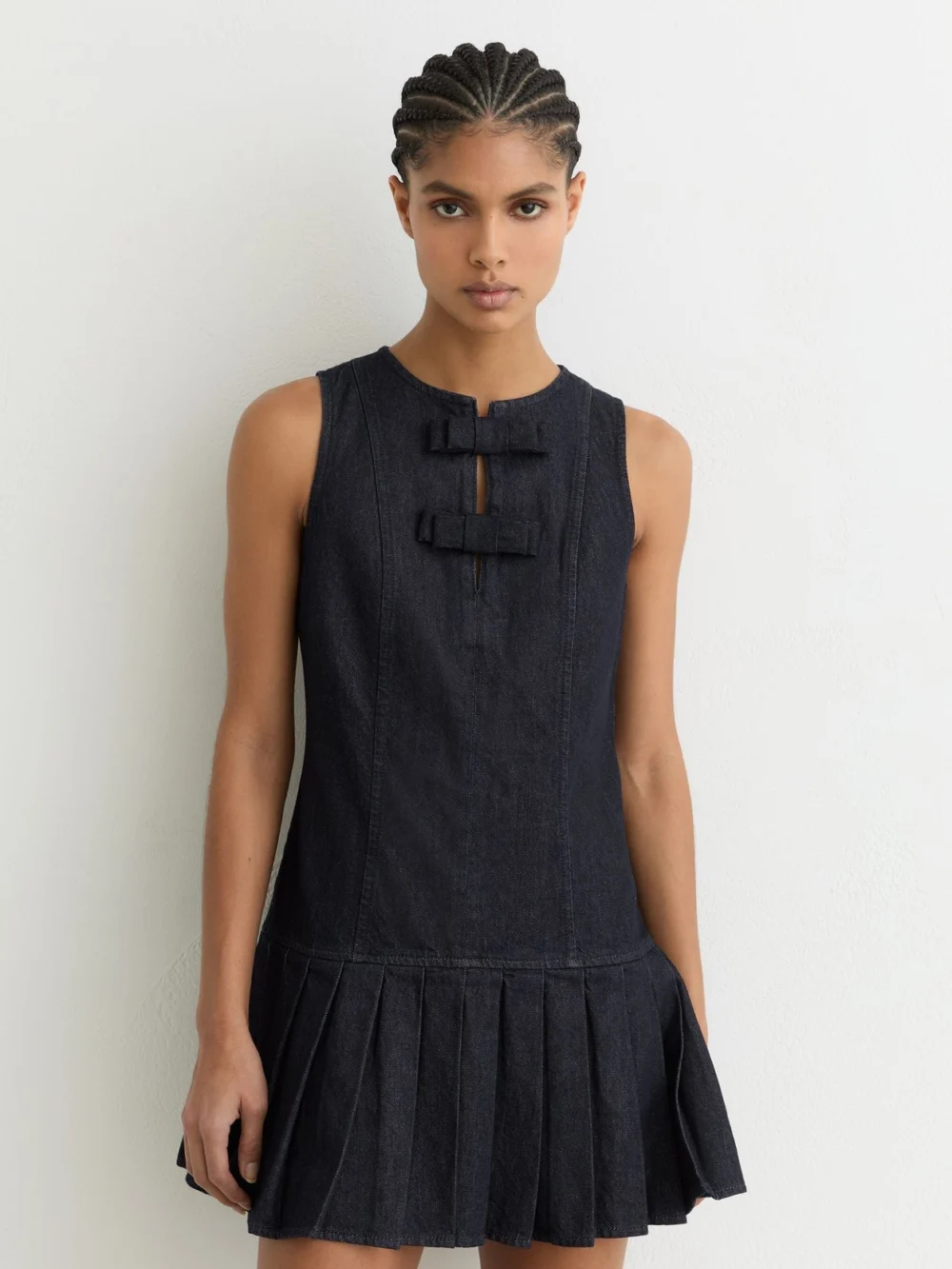 Reiss Ruby Indigo Blue Sleeveless Pleated Denim Mini Dress, 18, view 3