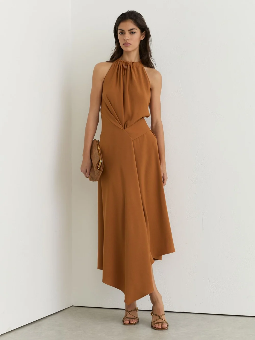 Reiss Rust Orange Drape-detail Sleeveless Midi Dress