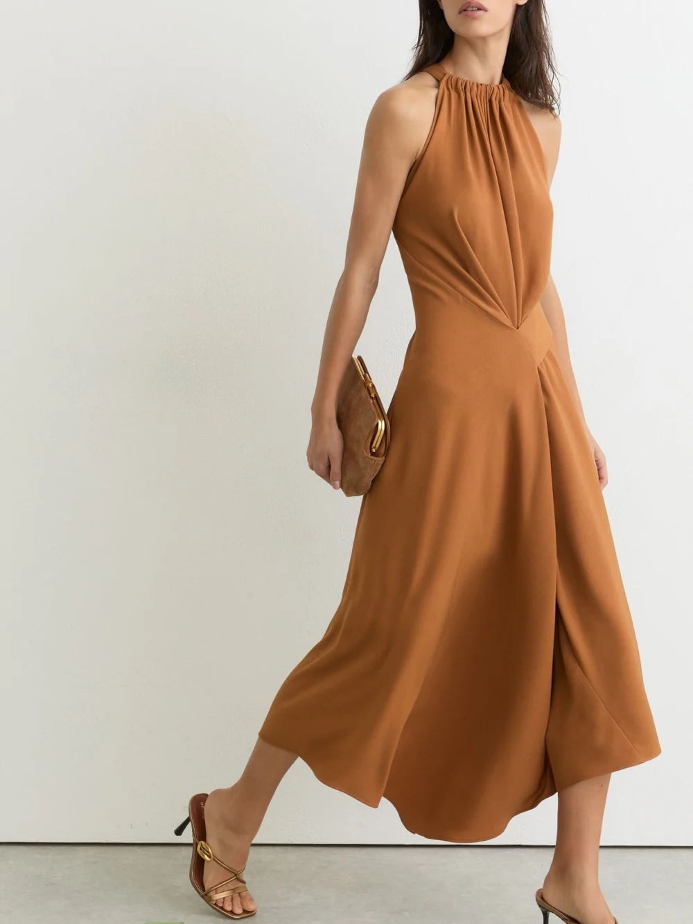 Reiss Rust Orange Drape-detail Sleeveless Midi Dress, view 3