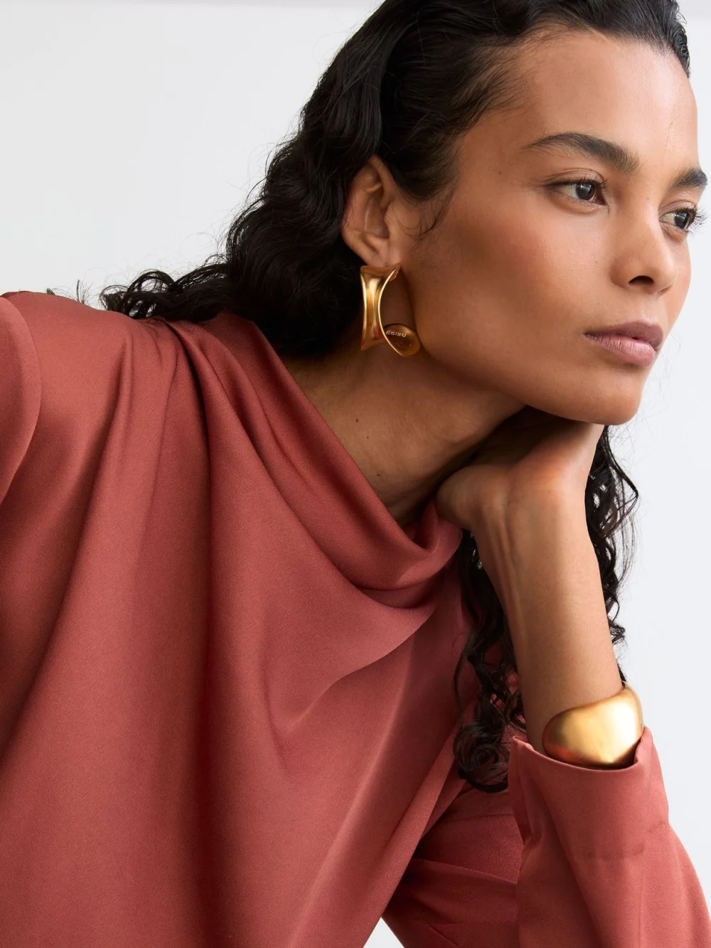 Reiss Rust Orange Draped Long-sleeve Mini Dress, view 3