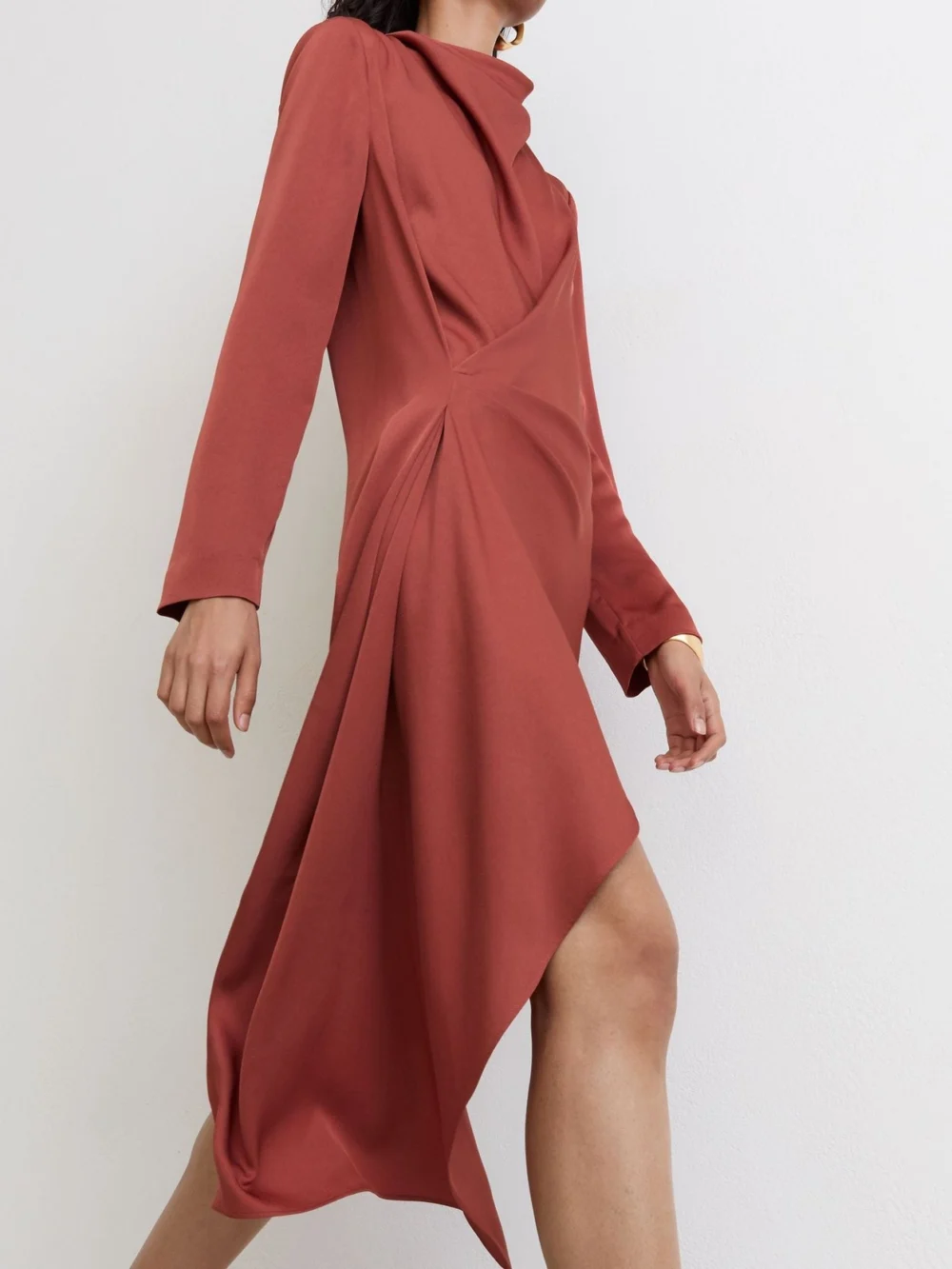 Reiss Rust Orange Draped Long-sleeve Mini Dress, view 4