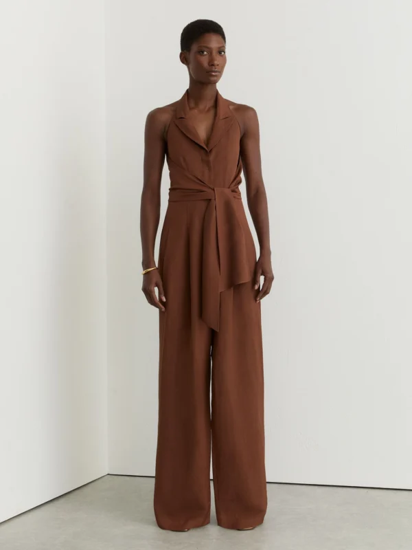Reiss Rust Orange Petite Tie-front Wide-leg Jumpsuit with Linen