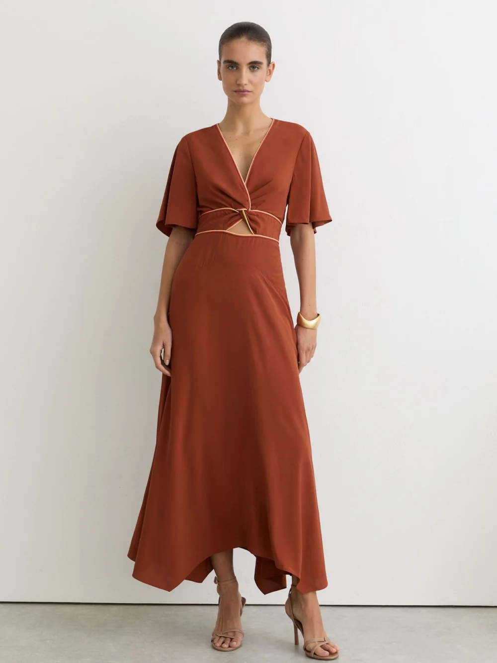 Reiss Rust Orange Piped-trim Cut-out Midi Dress
