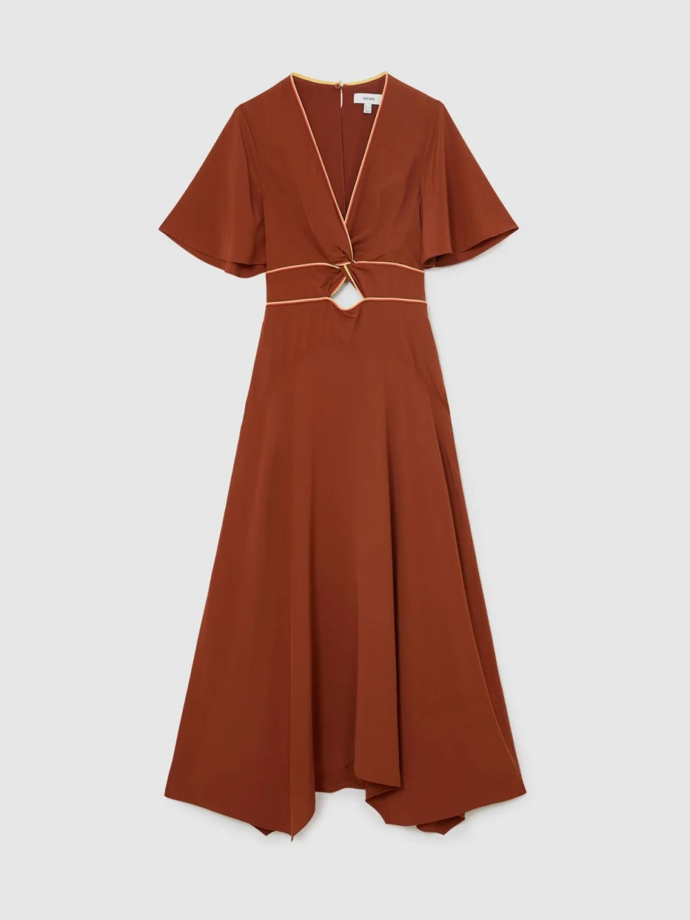 Reiss Rust Orange Piped-trim Cut-out Midi Dress, view 2
