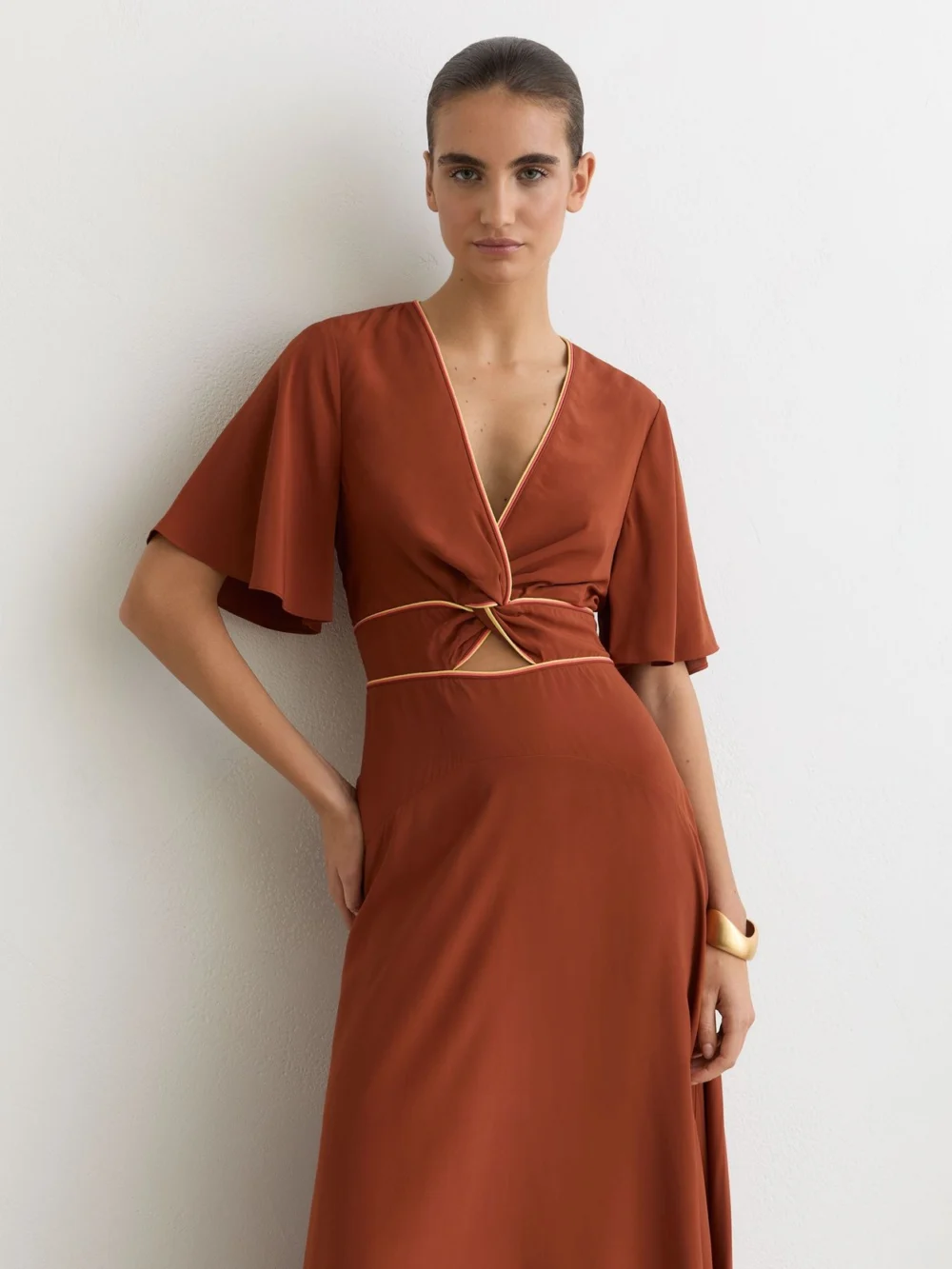 Reiss Rust Orange Piped-trim Cut-out Midi Dress, view 3