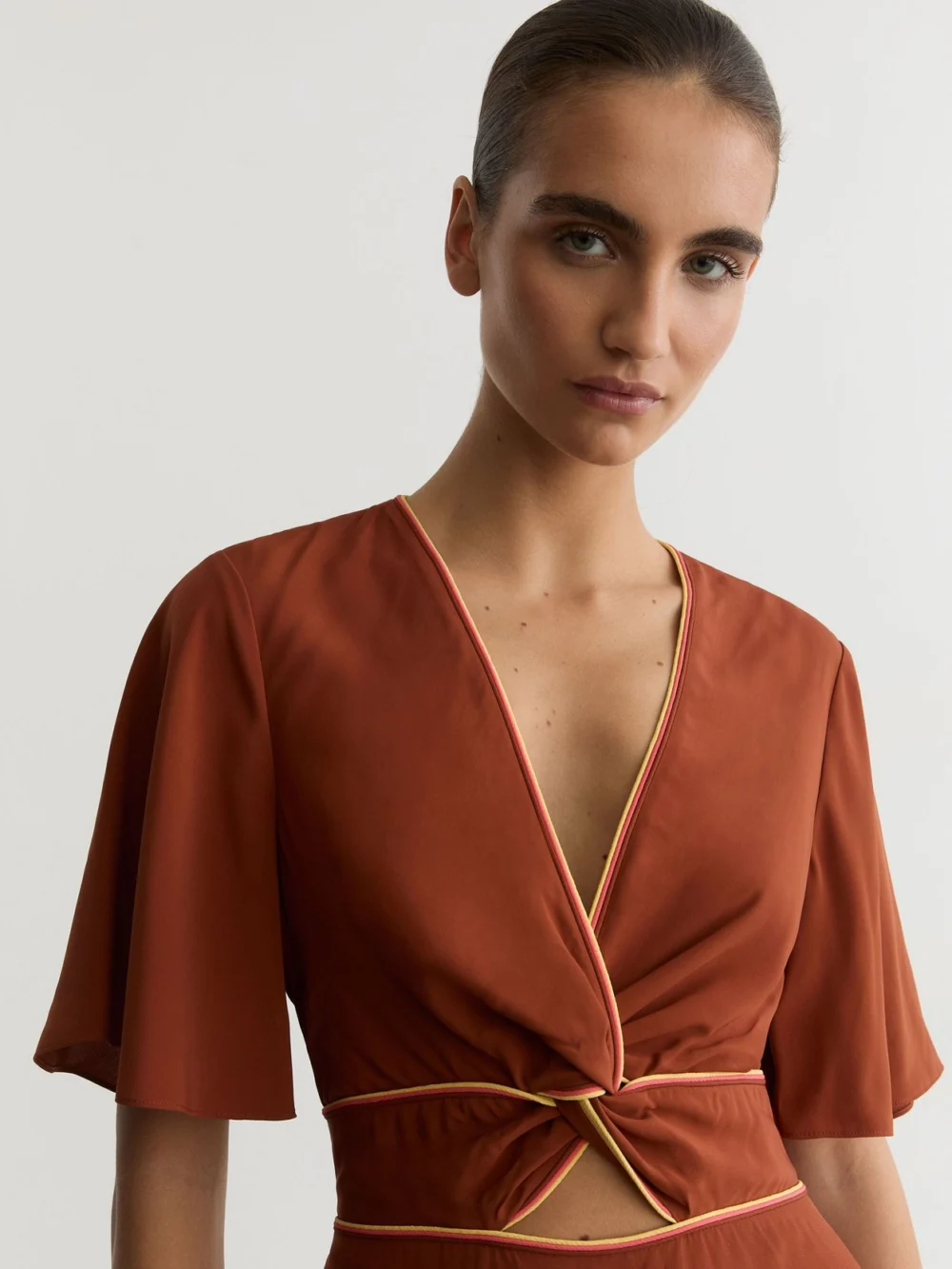 Reiss Rust Orange Piped-trim Cut-out Midi Dress, view 4